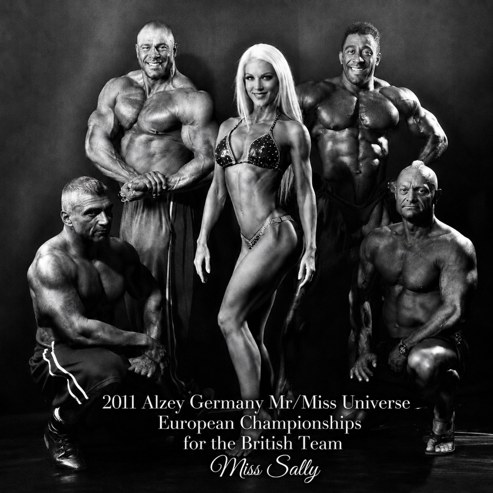 Miss Sally with bodybuilders at the European Championships